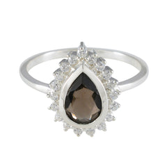 Smoky Quartz Halo Korean 92.5 Silver Brown Gems Dainty Graceful Ring Jewelry