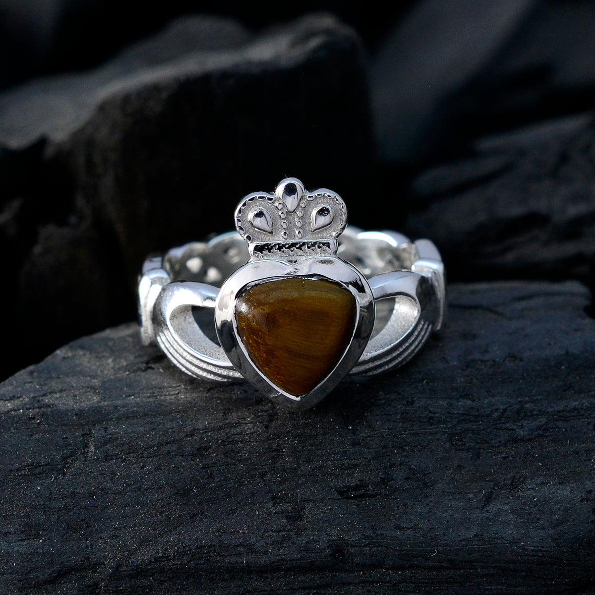 Tiger Eye Solitaire German 92.5 Silver Brown Gems Tiny Romantic Ring Jewellery