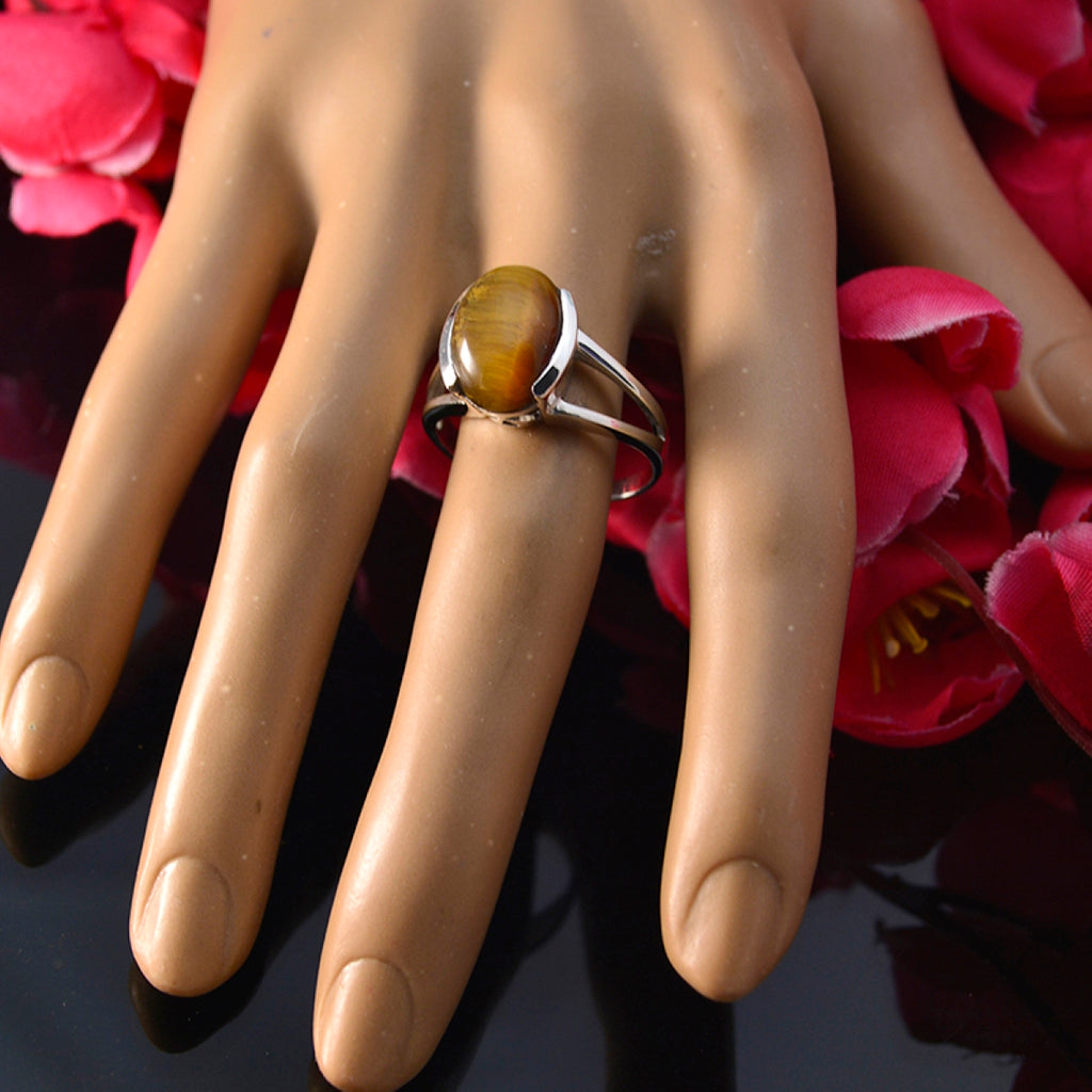 Tiger Eye Solitaire Indian Silver Brown Gems Classic  Luxurious Ring Jewelry