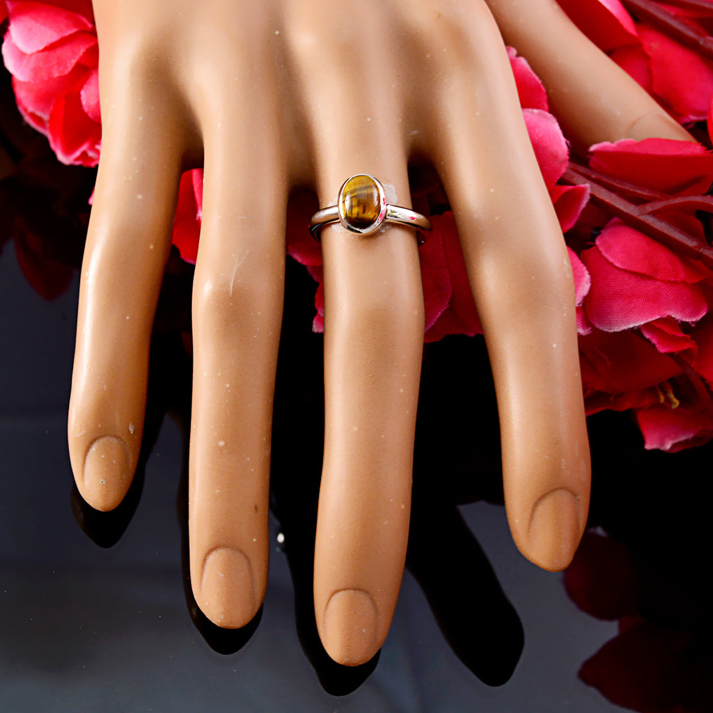 Tiger Eye Solitaire Korean 925 Sterling Silver Brown Gems Delicate Graceful Ring Jewellery