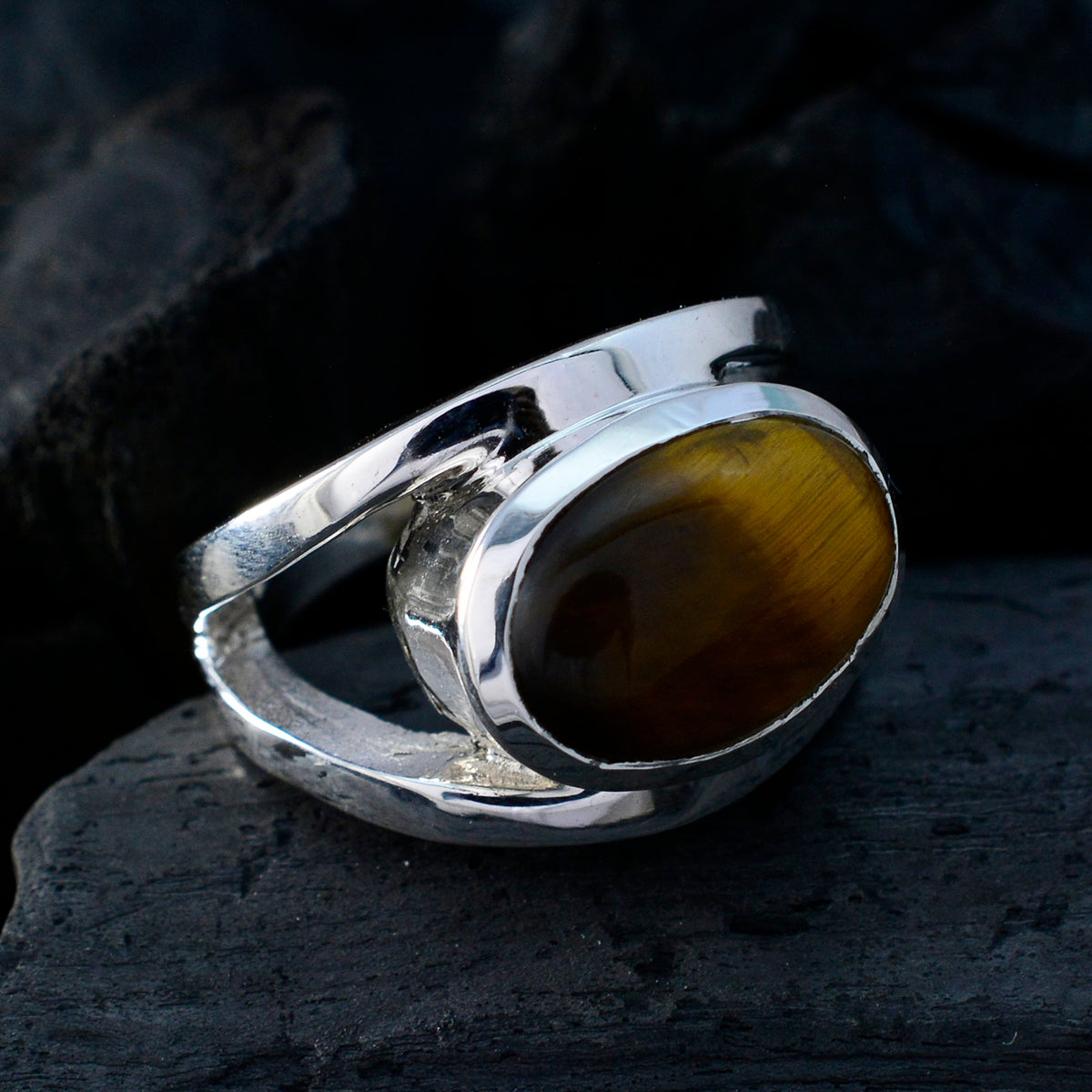 Tiger Eye Solitaire French 925 Sterling Silver Brown Gems Edgy Artisan Ring Jewelry