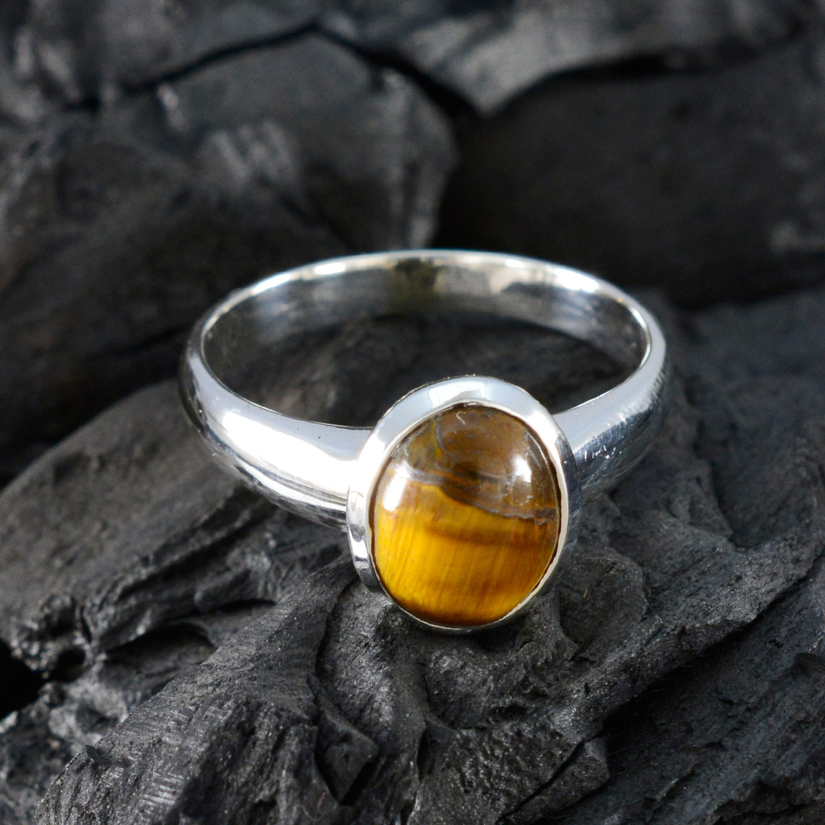 Tiger Eye Solitaire Egyptian 925 Silver Brown Gemstones Classic Glamorous Ring Jewelry