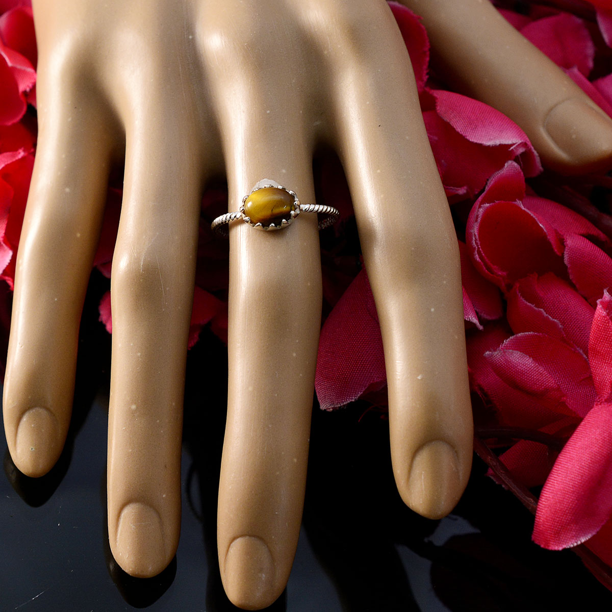 Tiger Eye Solitaire Korean 925 Sterling Silver Brown Gemstone Elegant  Twist Ring Jewellery