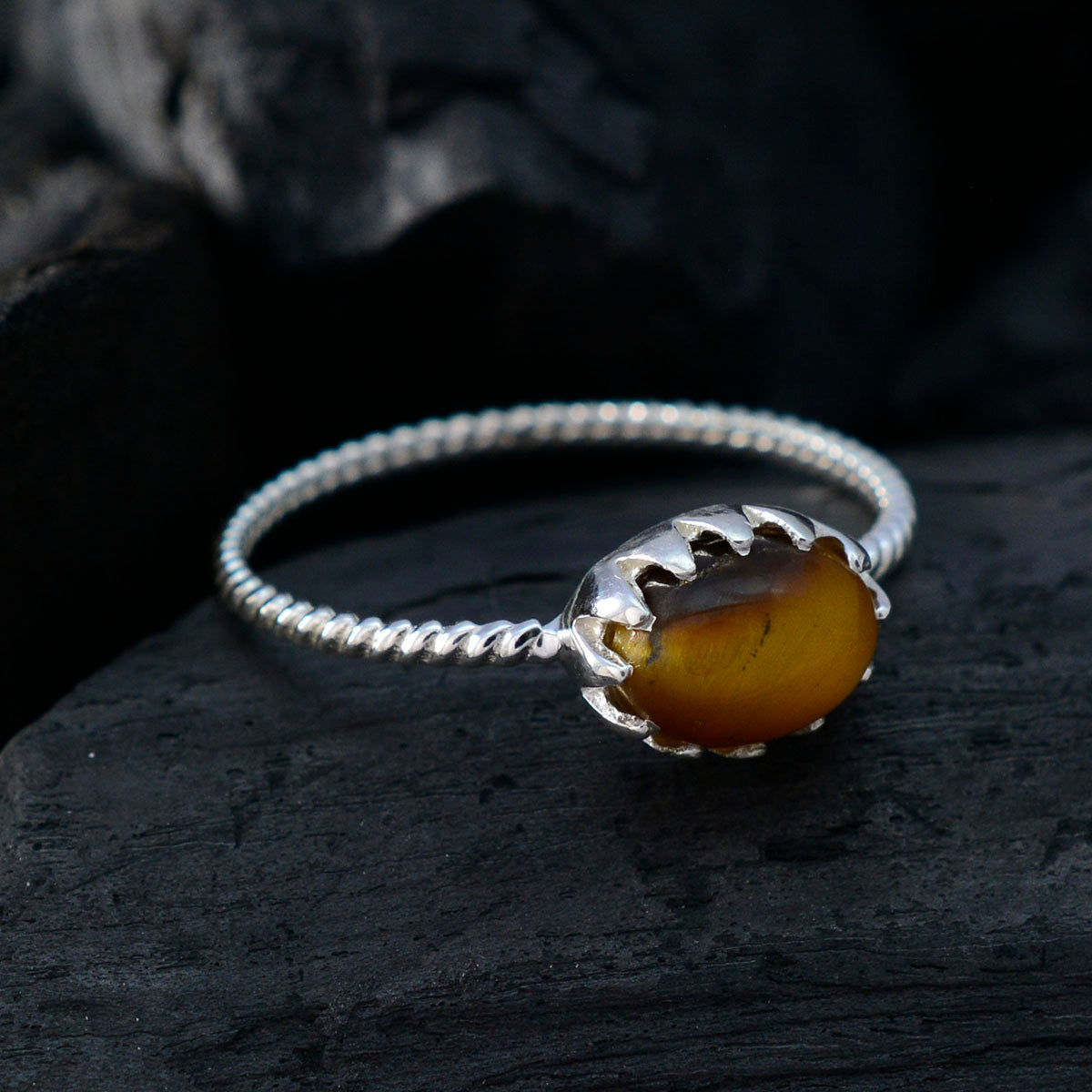 Tiger Eye Solitaire Korean 925 Sterling Silver Brown Gemstone Elegant  Twist Ring Jewellery