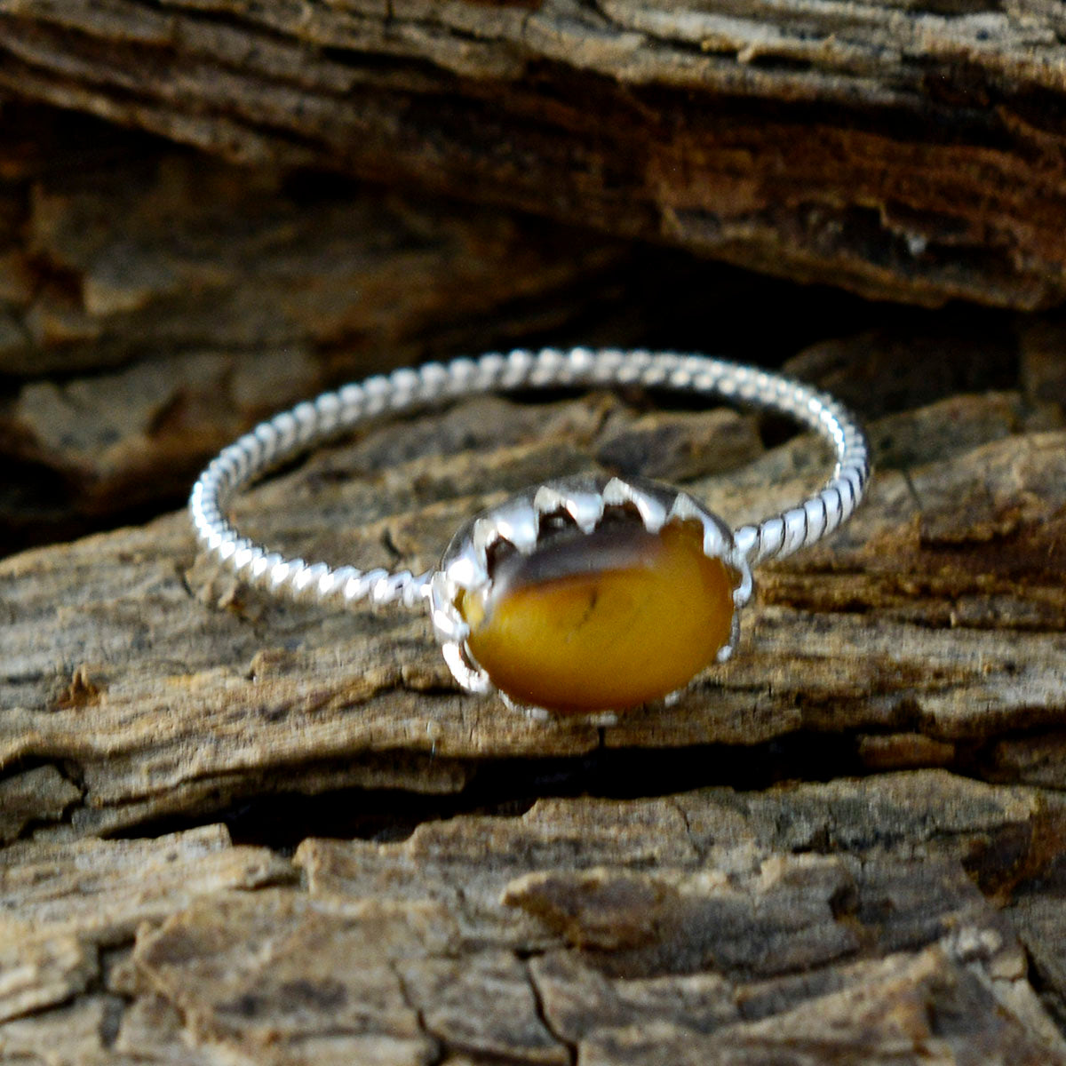 Tiger Eye Solitaire Korean 925 Sterling Silver Brown Gemstone Elegant  Twist Ring Jewellery