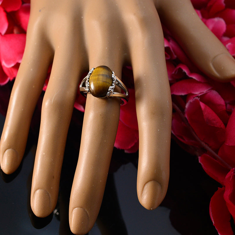 Tiger Eye Solitaire Russian Silver Brown Gems Classic  Romantic Ring Jewelry