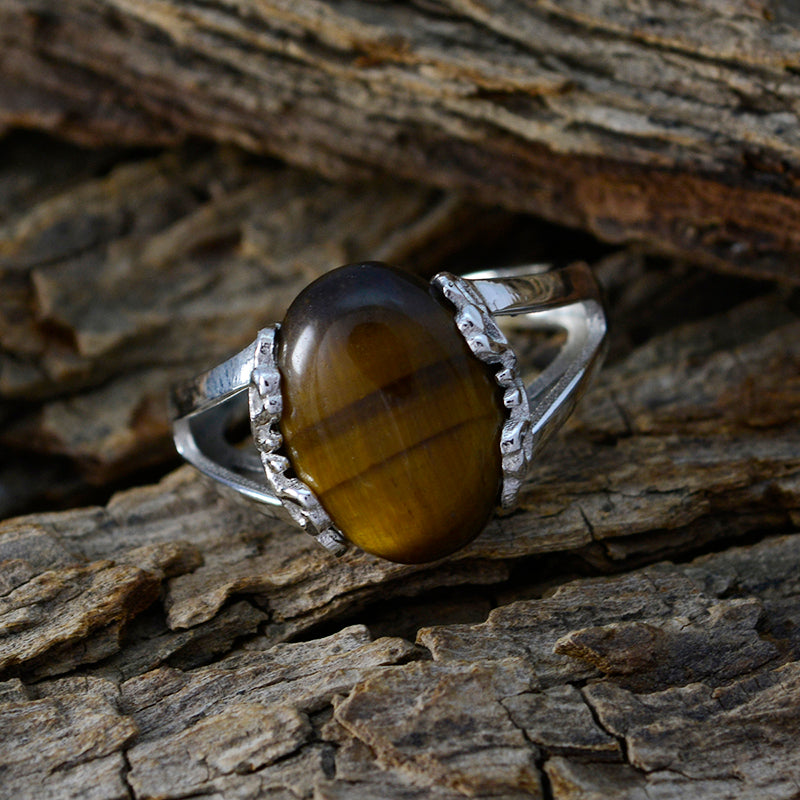 Tiger Eye Solitaire Russian Silver Brown Gems Classic  Romantic Ring Jewelry