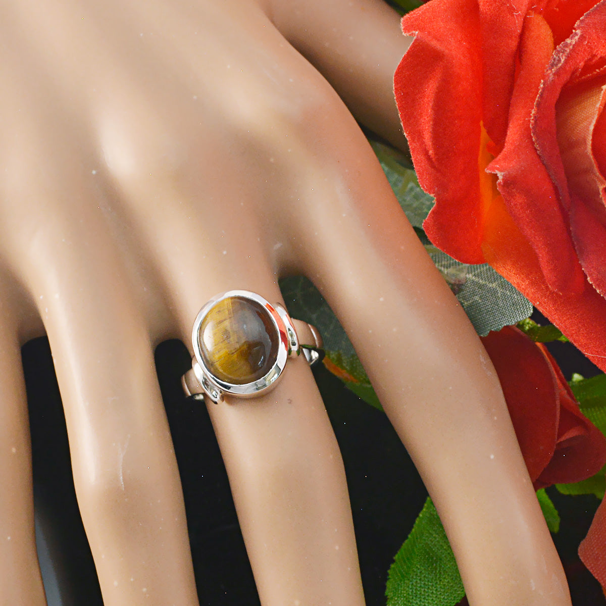Tiger Eye Solitaire German Silver Brown Gemstone Eye catching valentine Ring Jewellery