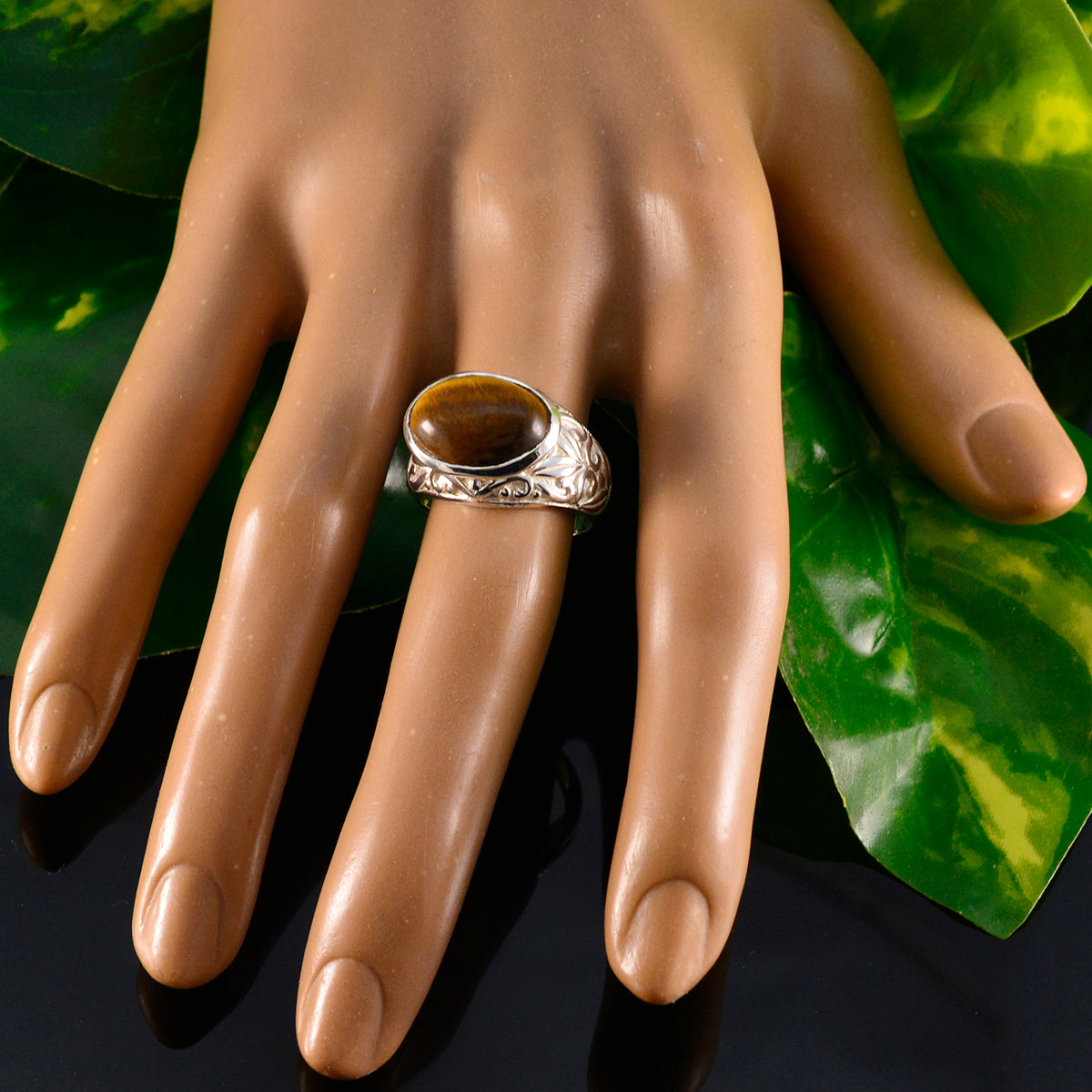 Tiger Eye Solitaire Russian Silver Brown Gemstones Eye catching Promise Ring Jewelry