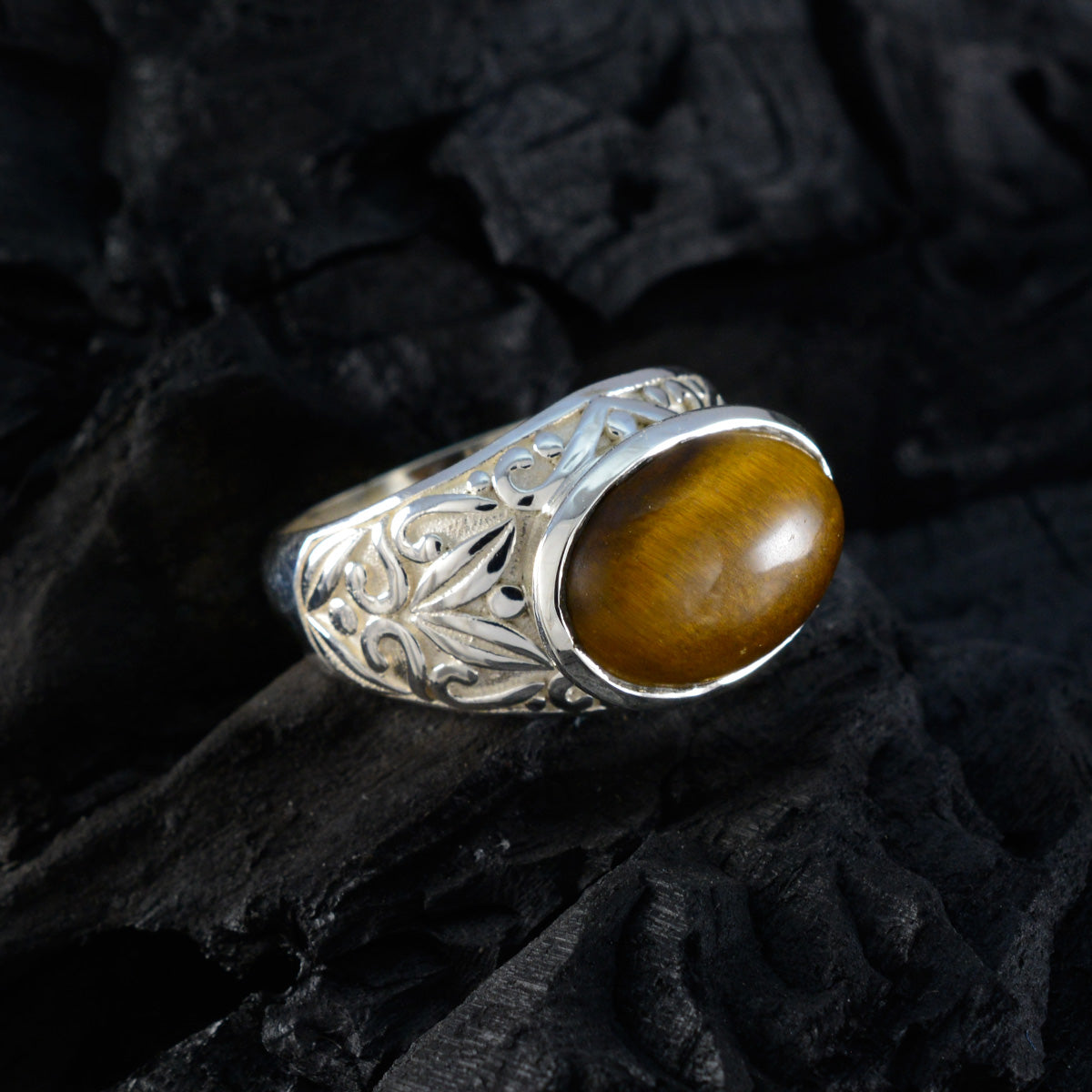 Tiger Eye Solitaire Russian Silver Brown Gemstones Eye catching Promise Ring Jewelry