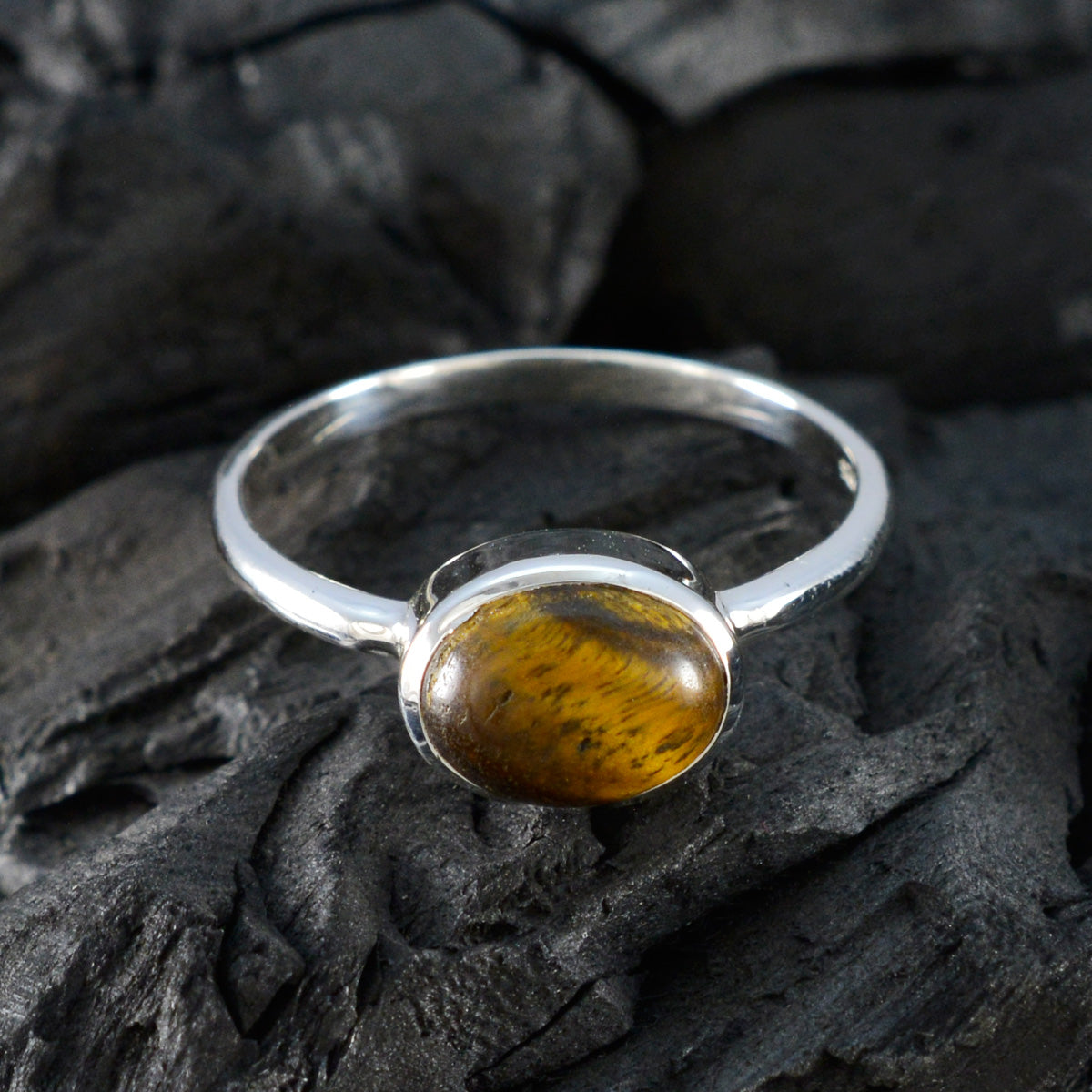 Tiger Eye Solitaire Japanese Silver Brown Gemstones Dainty Contemporary Ring Jewelry