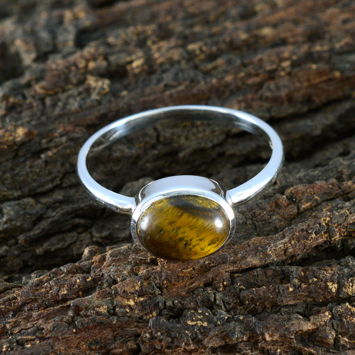 Tiger Eye Solitaire Japanese Silver Brown Gemstones Dainty Contemporary Ring Jewelry