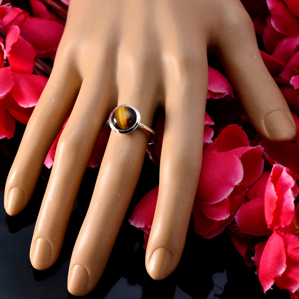 Tiger Eye Solitaire Indian 925 Sterling Silver Brown Gemstone Slim Modern Ring Jewelry