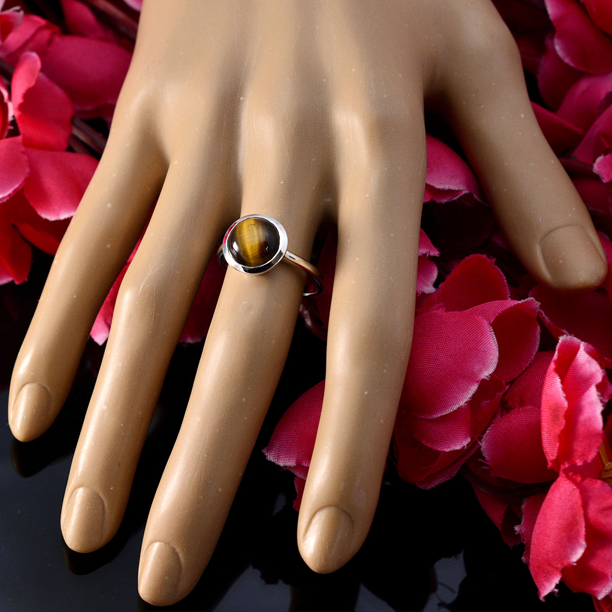 Tiger Eye Solitaire Indian 925 Sterling Silver Brown Gemstone Slim Modern Ring Jewelry