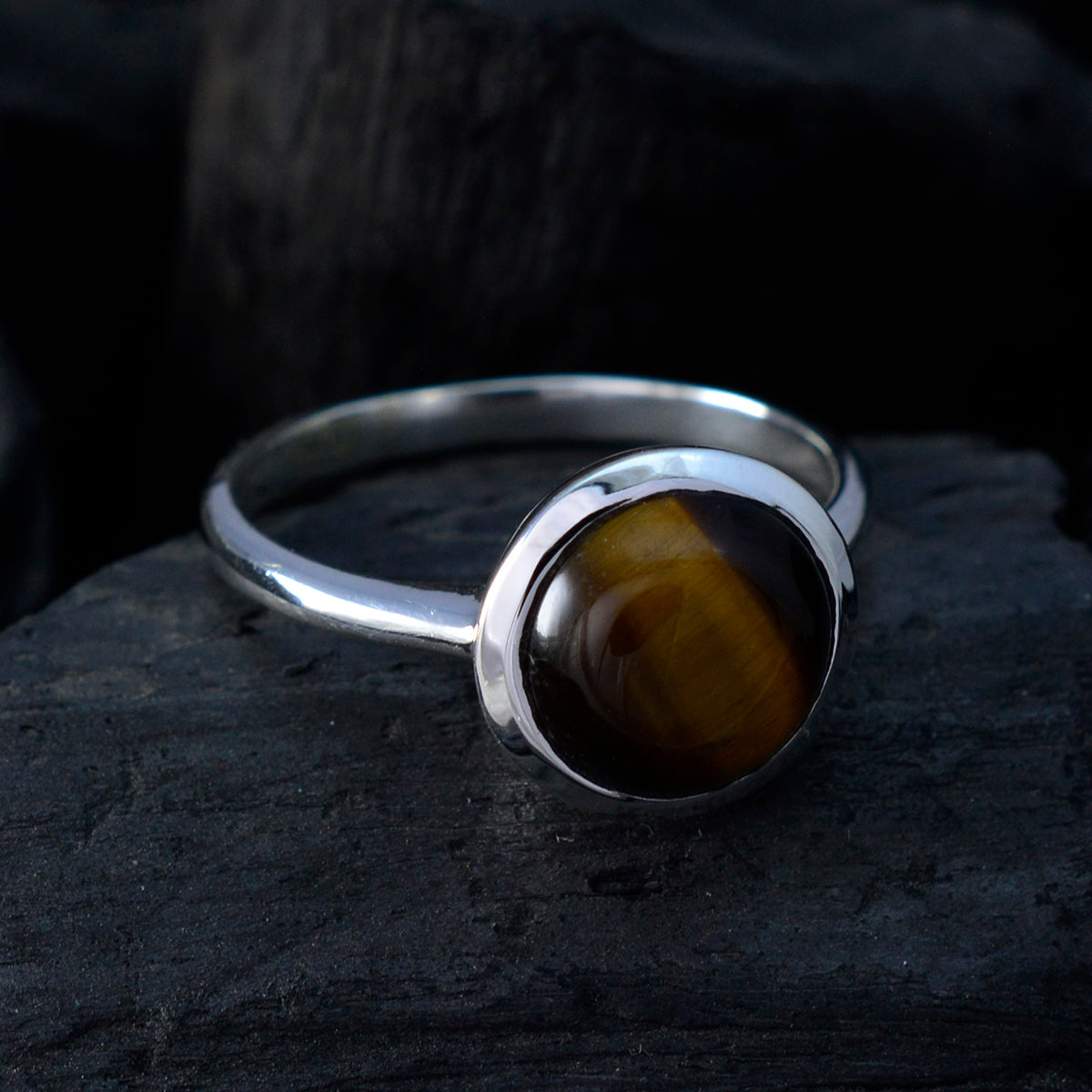 Tiger Eye Solitaire Indian 925 Sterling Silver Brown Gemstone Slim Modern Ring Jewelry