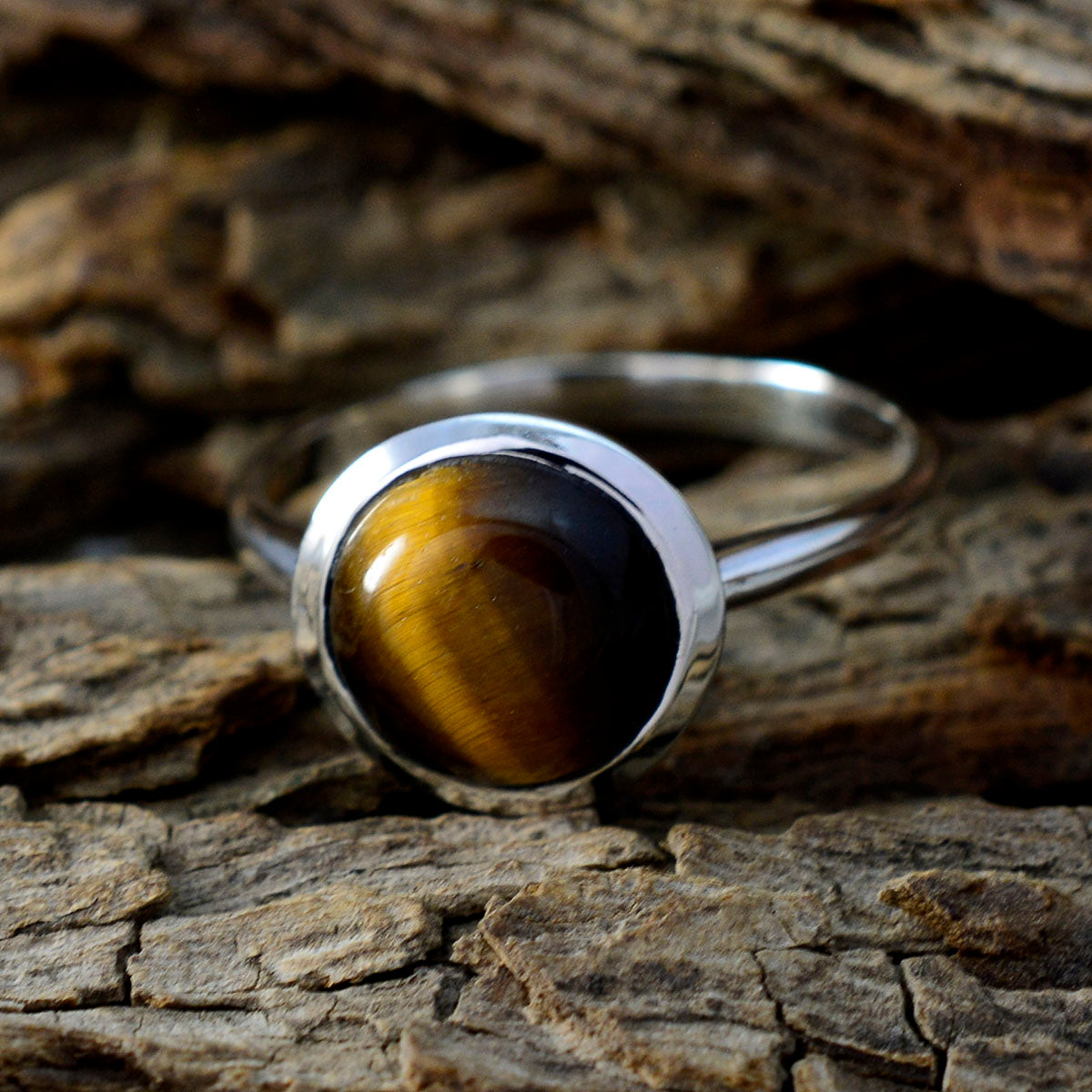 Tiger Eye Solitaire Indian 925 Sterling Silver Brown Gemstone Slim Modern Ring Jewelry