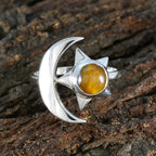 Tiger Eye Solitaire Indian Sterling Silver Brown Gemstones Slim Moon & Star Ring Jewellery