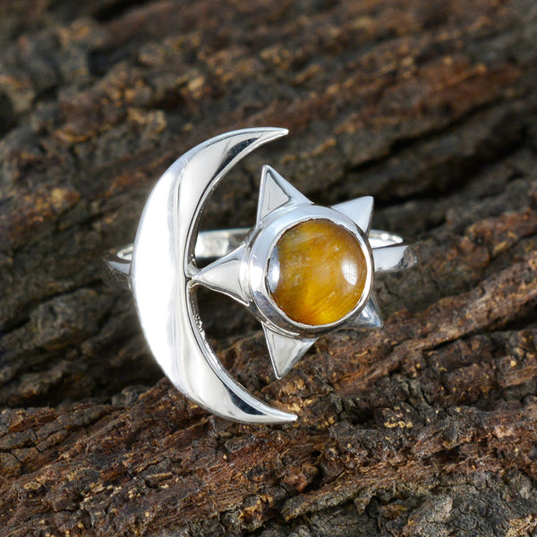 Tiger Eye Solitaire Indian Sterling Silver Brown Gemstones Slim Moon & Star Ring Jewellery