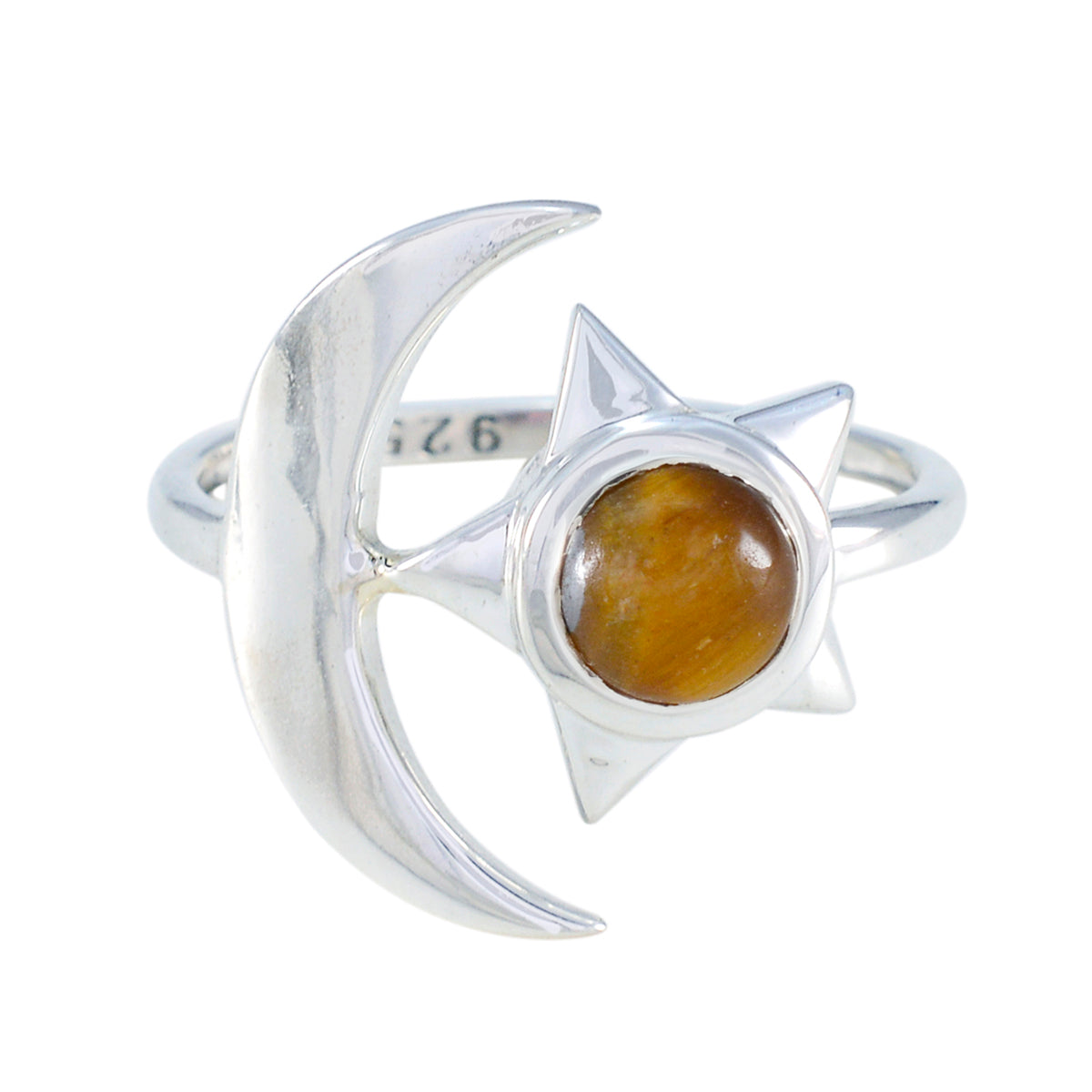 Tigerauge Solitär Indischer Sterling Silber Braune Edelsteine Schmaler Mond & Stern Ring Schmuck