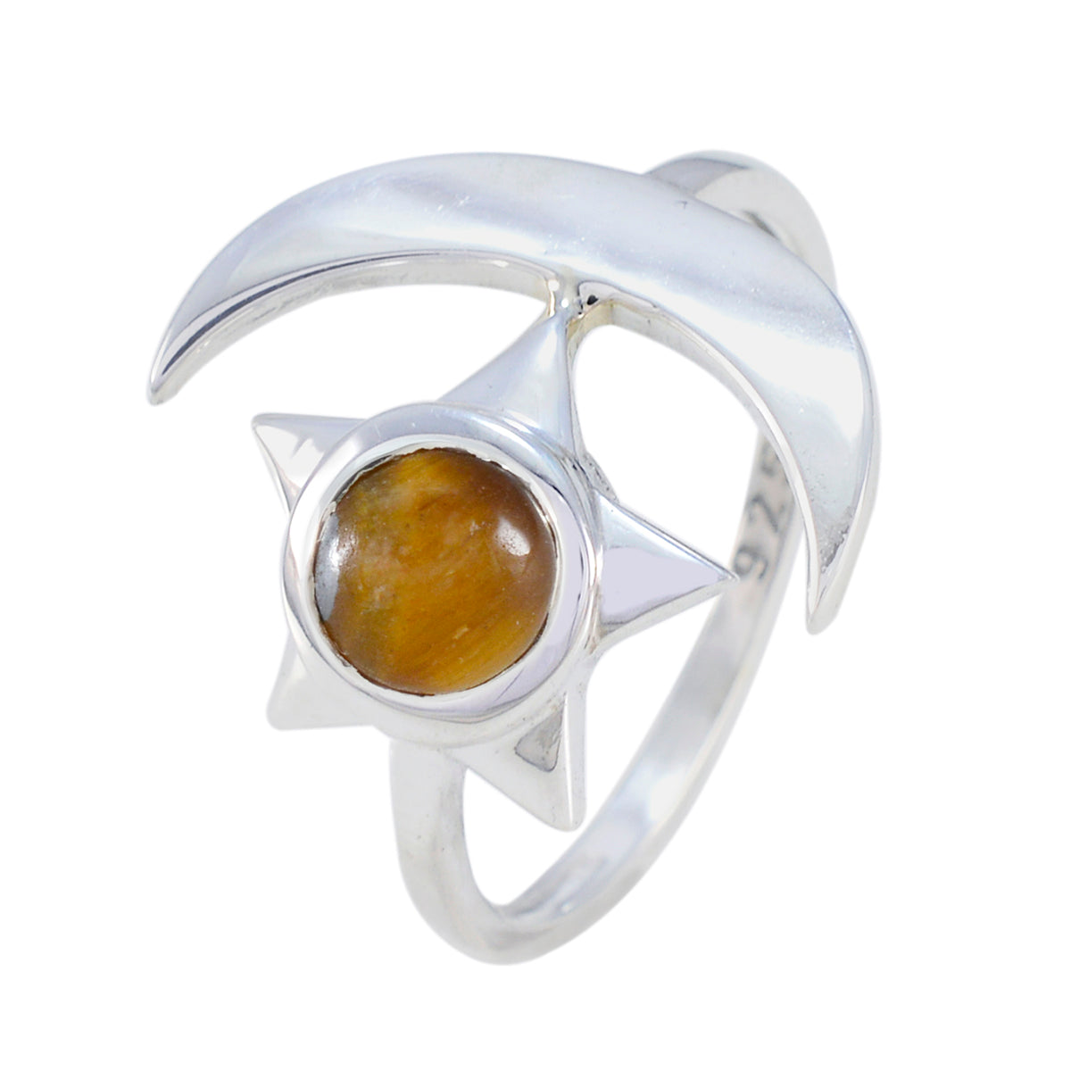 Tiger Eye Solitaire Indian Sterling Silver Brown Gemstones Slim Moon & Star Ring Jewellery