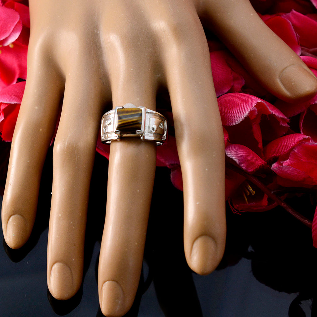 Tiger Eye Solitaire Italian 925 Sterling Silver Brown Gemstones Edgy Trendy Ring Jewelry