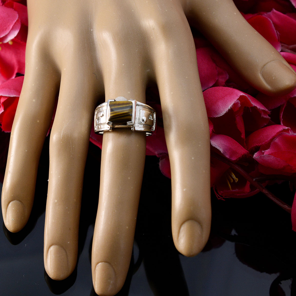 Tiger Eye Solitaire Italian 925 Sterling Silver Brown Gemstones Edgy Trendy Ring Jewelry