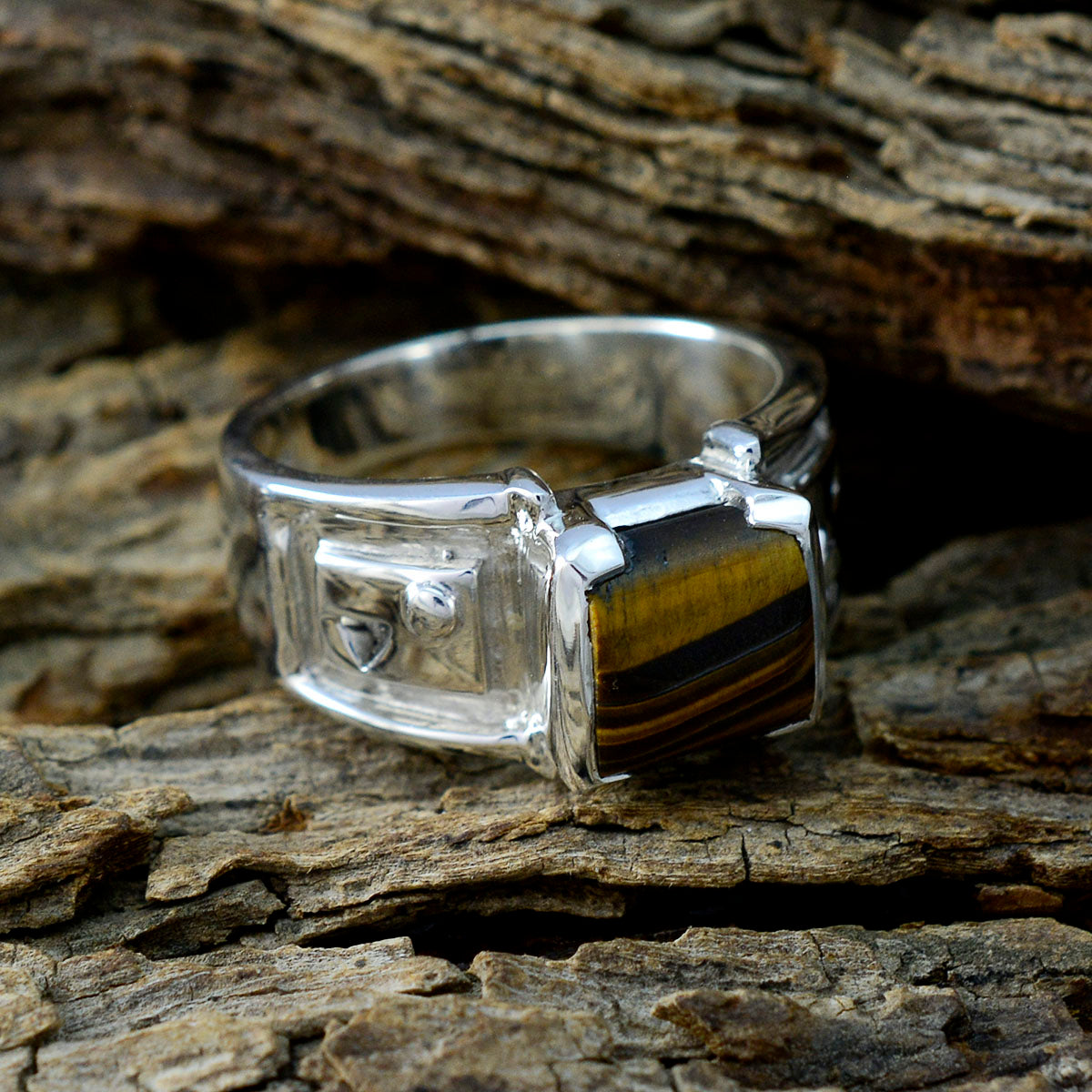 Tiger Eye Solitaire Italian 925 Sterling Silver Brown Gemstones Edgy Trendy Ring Jewelry