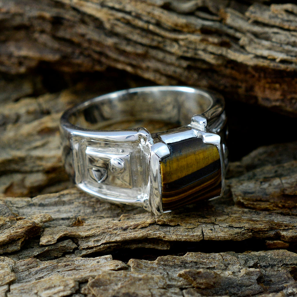 Tiger Eye Solitaire Italian 925 Sterling Silver Brown Gemstones Edgy Trendy Ring Jewelry