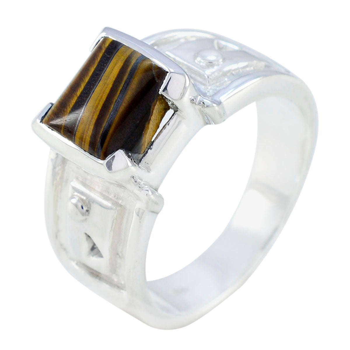 Tiger Eye Solitaire Italian 925 Sterling Silver Brown Gemstones Edgy Trendy Ring Jewelry