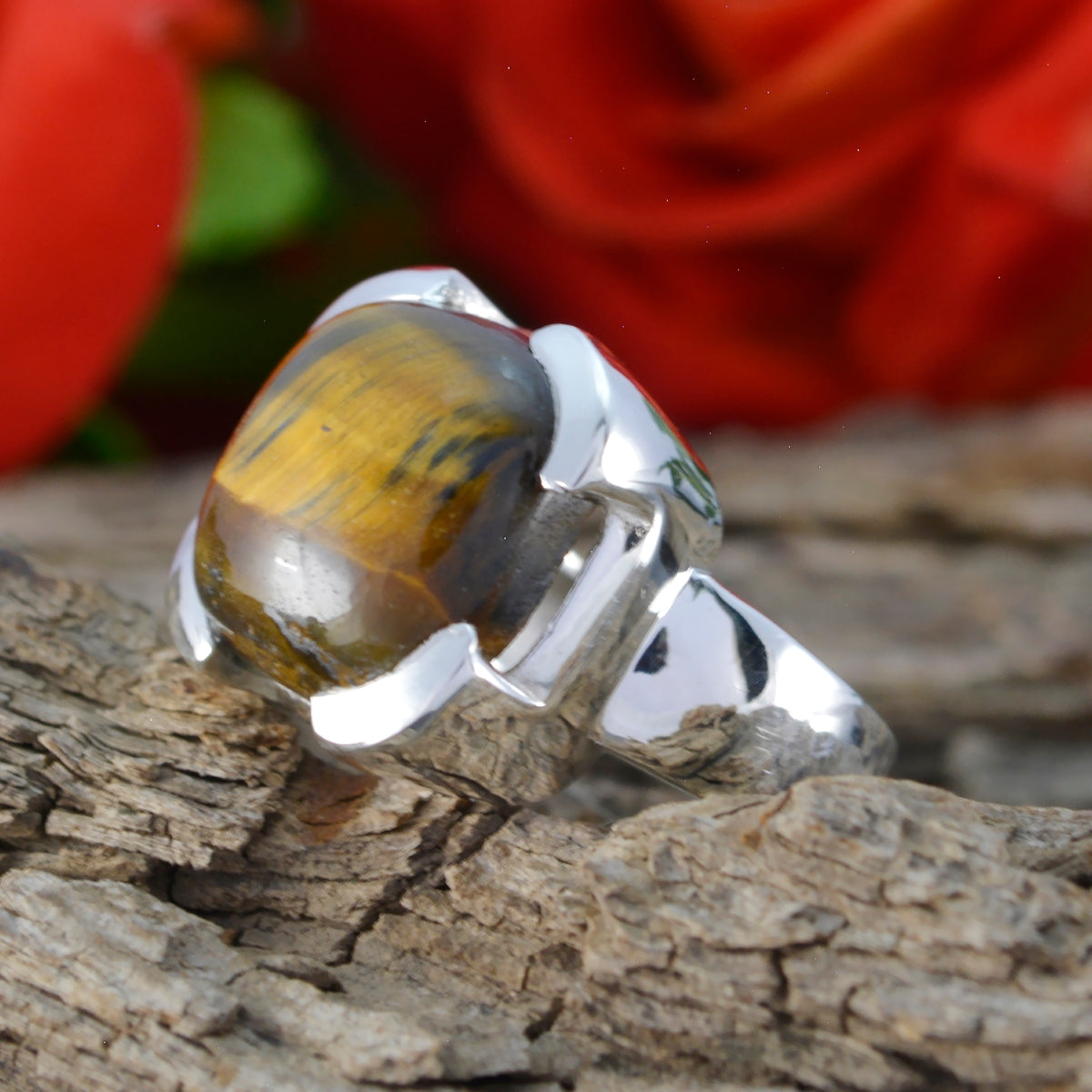 Tiger Eye Solitaire German 925 Silver Brown Gemstones Edgy Signet Ring Jewelry