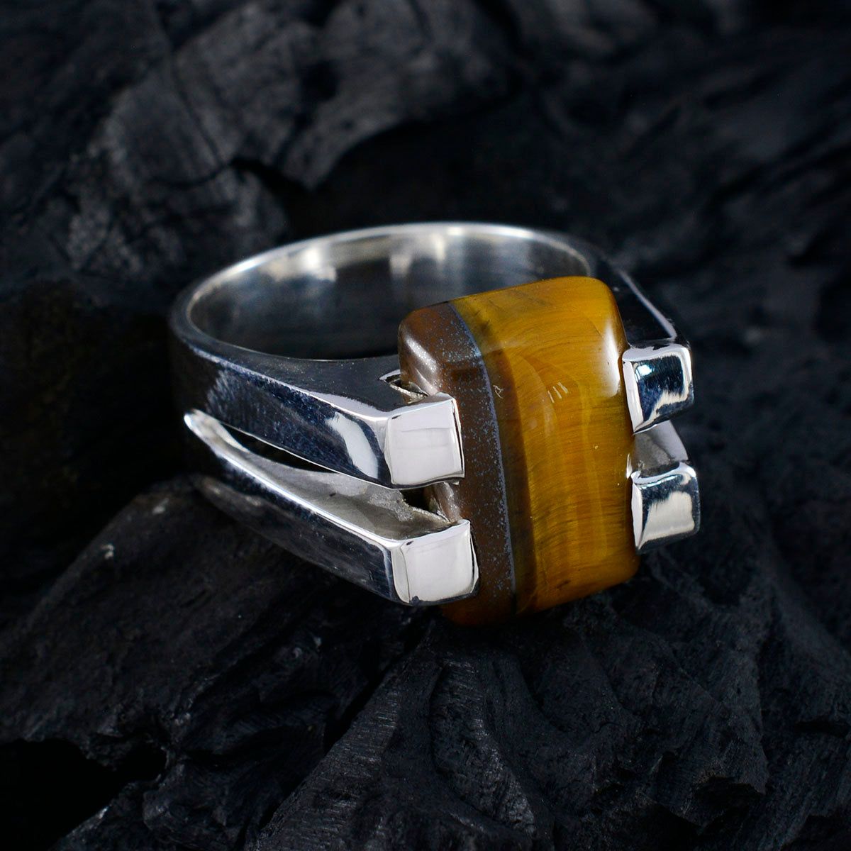 Tiger Eye Solitaire Italian Sterling Silver Brown Gems Chunky Signet Ring Jewellery