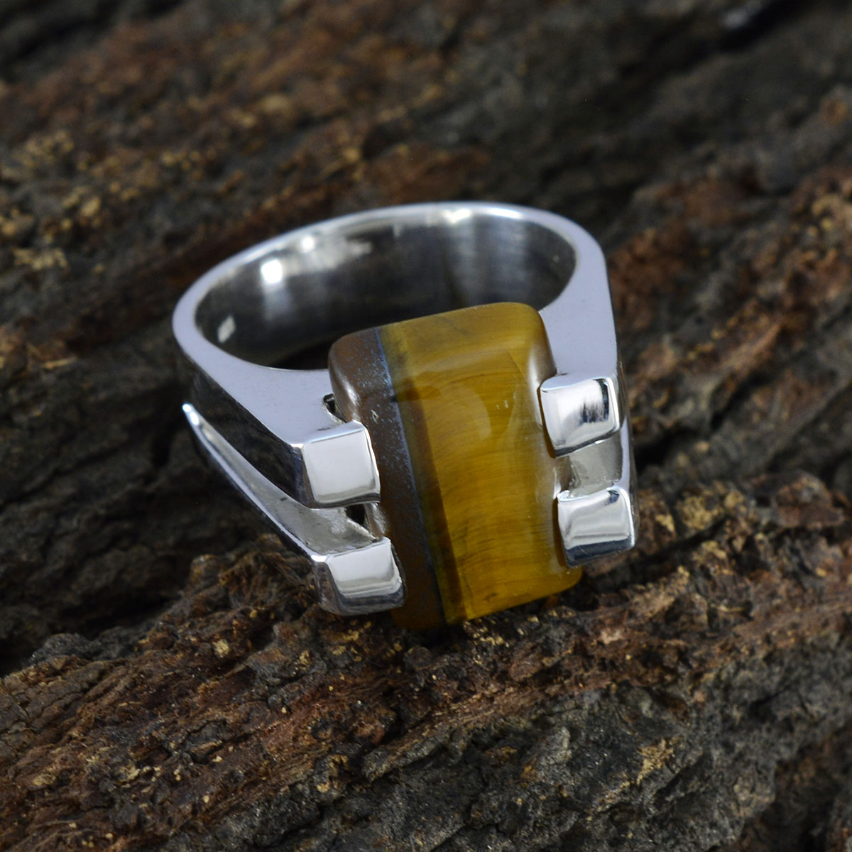 Tiger Eye Solitaire Italian Sterling Silver Brown Gems Chunky Signet Ring Jewellery