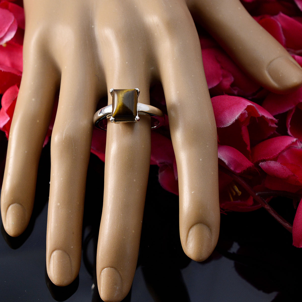 Tiger Eye Solitaire Russian 92.5 Silver Brown Gemstone Minimal Fairytale Ring Jewelry