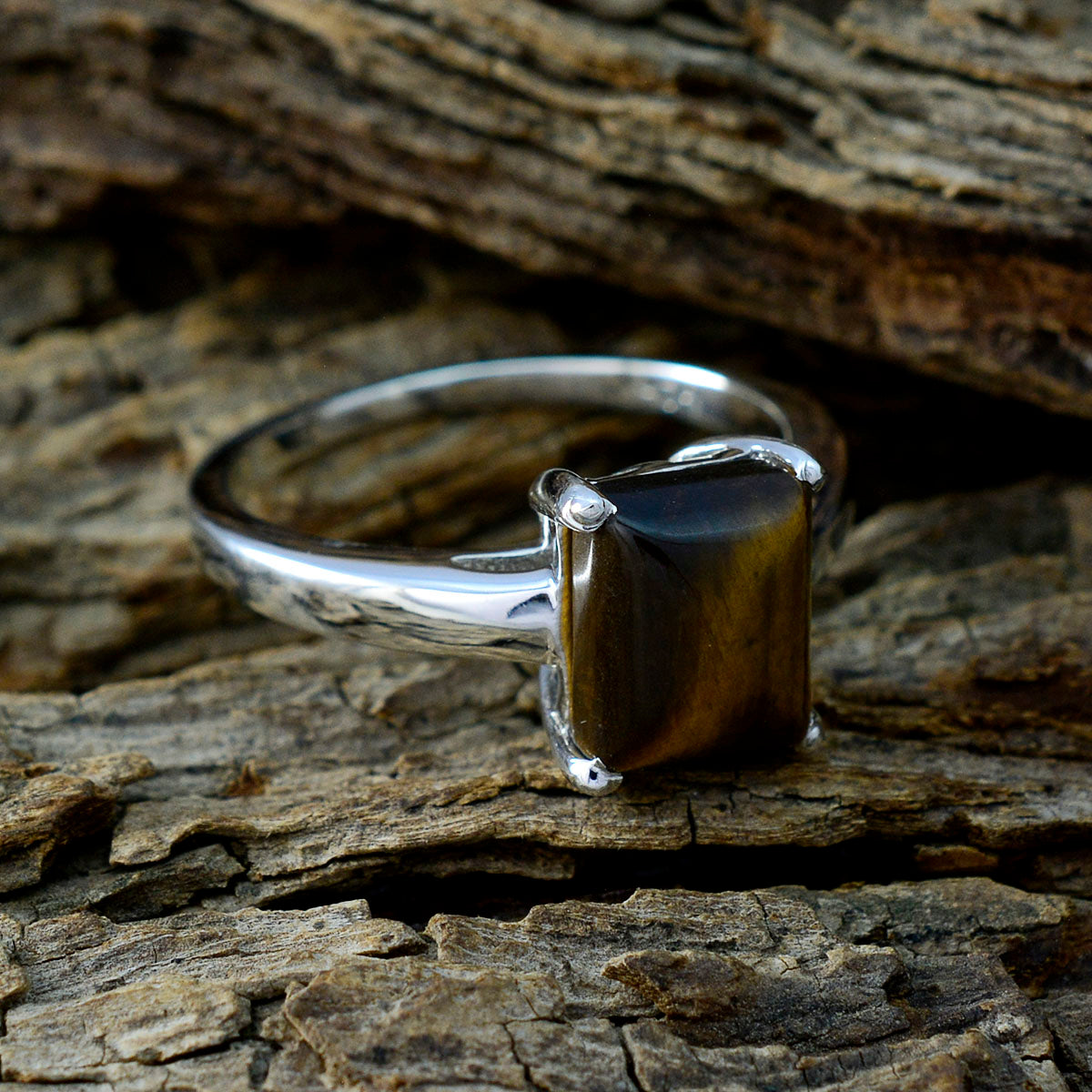 Tiger Eye Solitaire Russian 92.5 Silver Brown Gemstone Minimal Fairytale Ring Jewelry