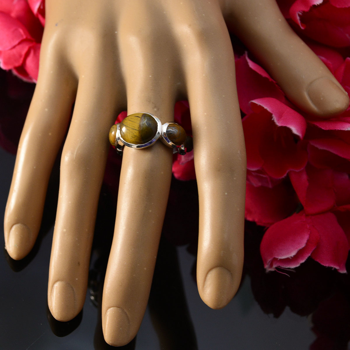 Tiger Eye Penta Russian Sterling Silver Brown Gems Slim Contemporary Ring Jewellery