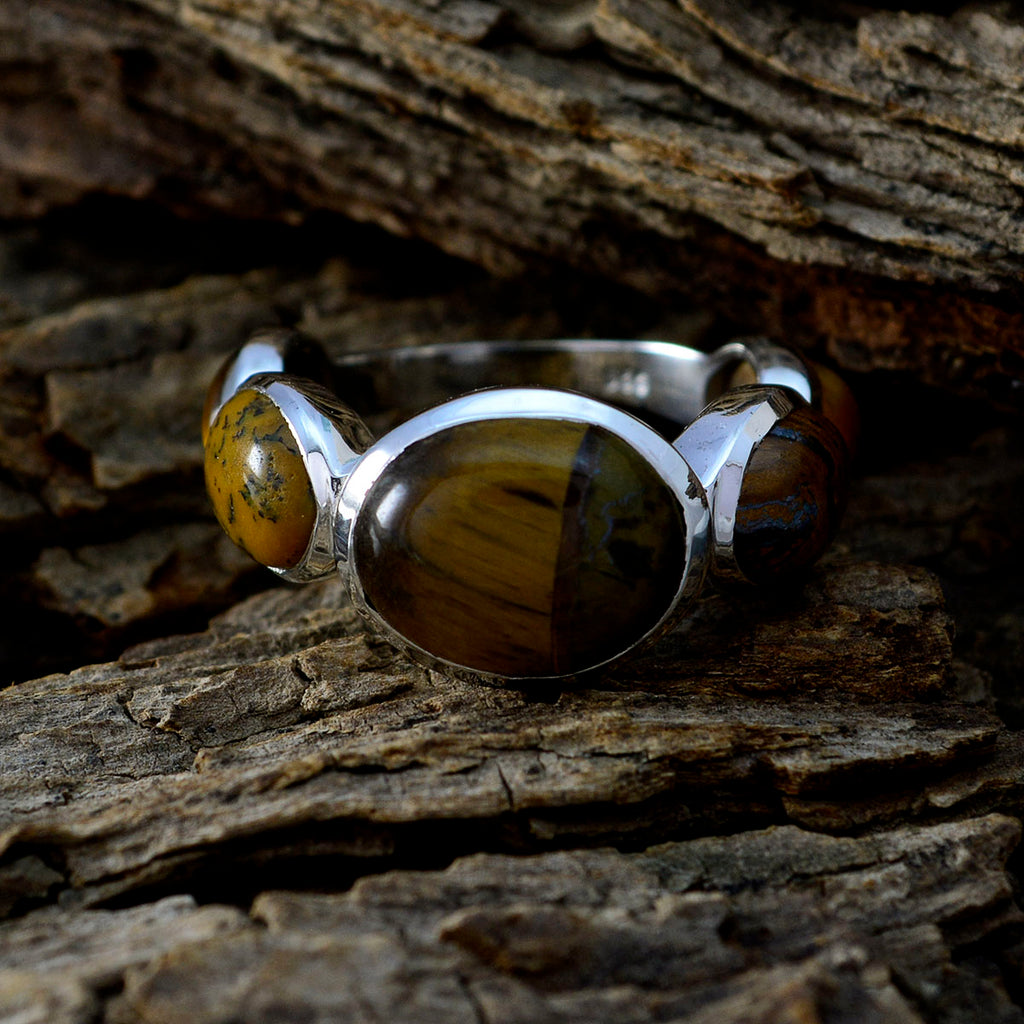 Tiger Eye Penta Russian Sterling Silver Brown Gems Slim Contemporary Ring Jewellery
