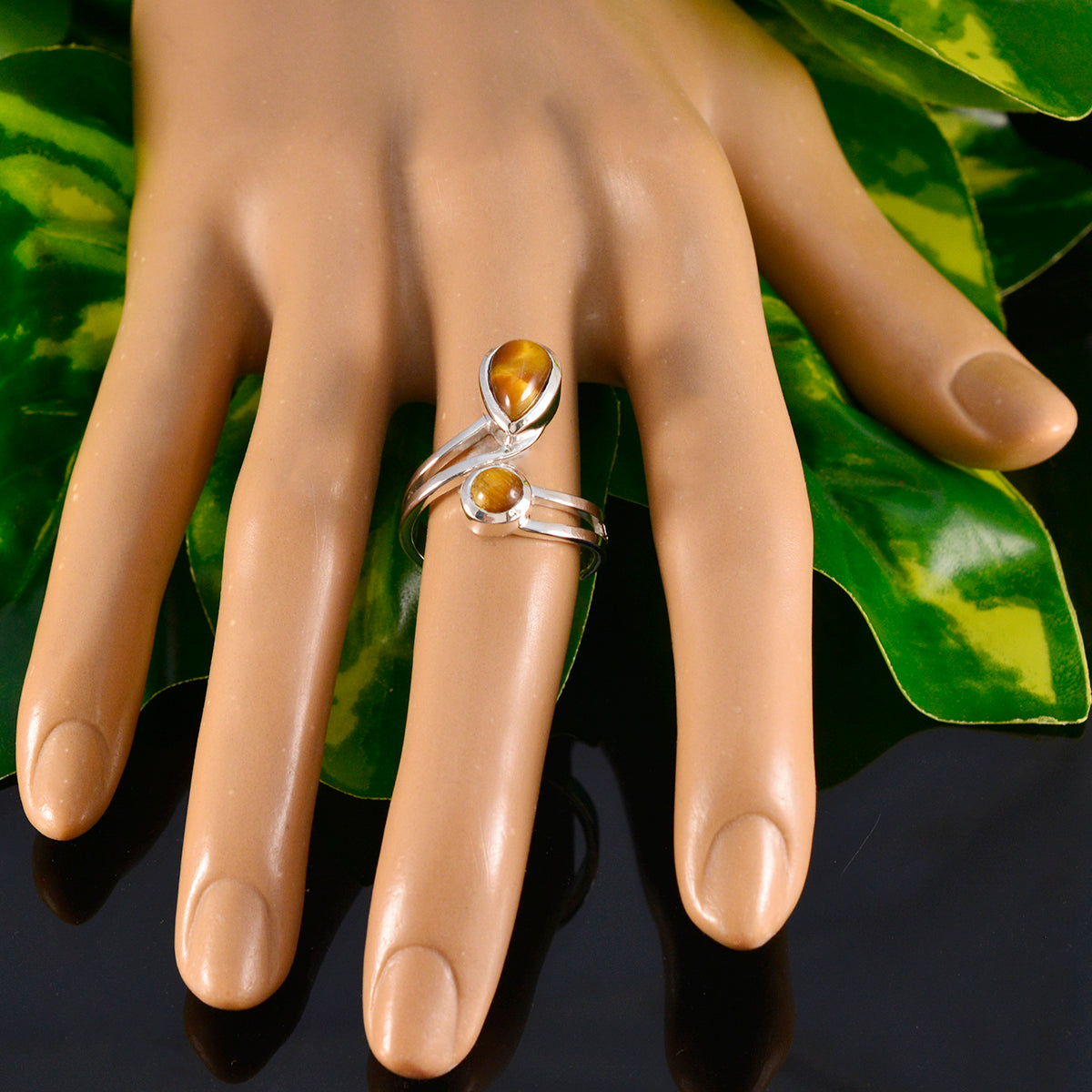 Tigerauge Toi et Moi Indischer 925 Silber Braune Edelsteine Winziger luxuriöser Ring Schmuck