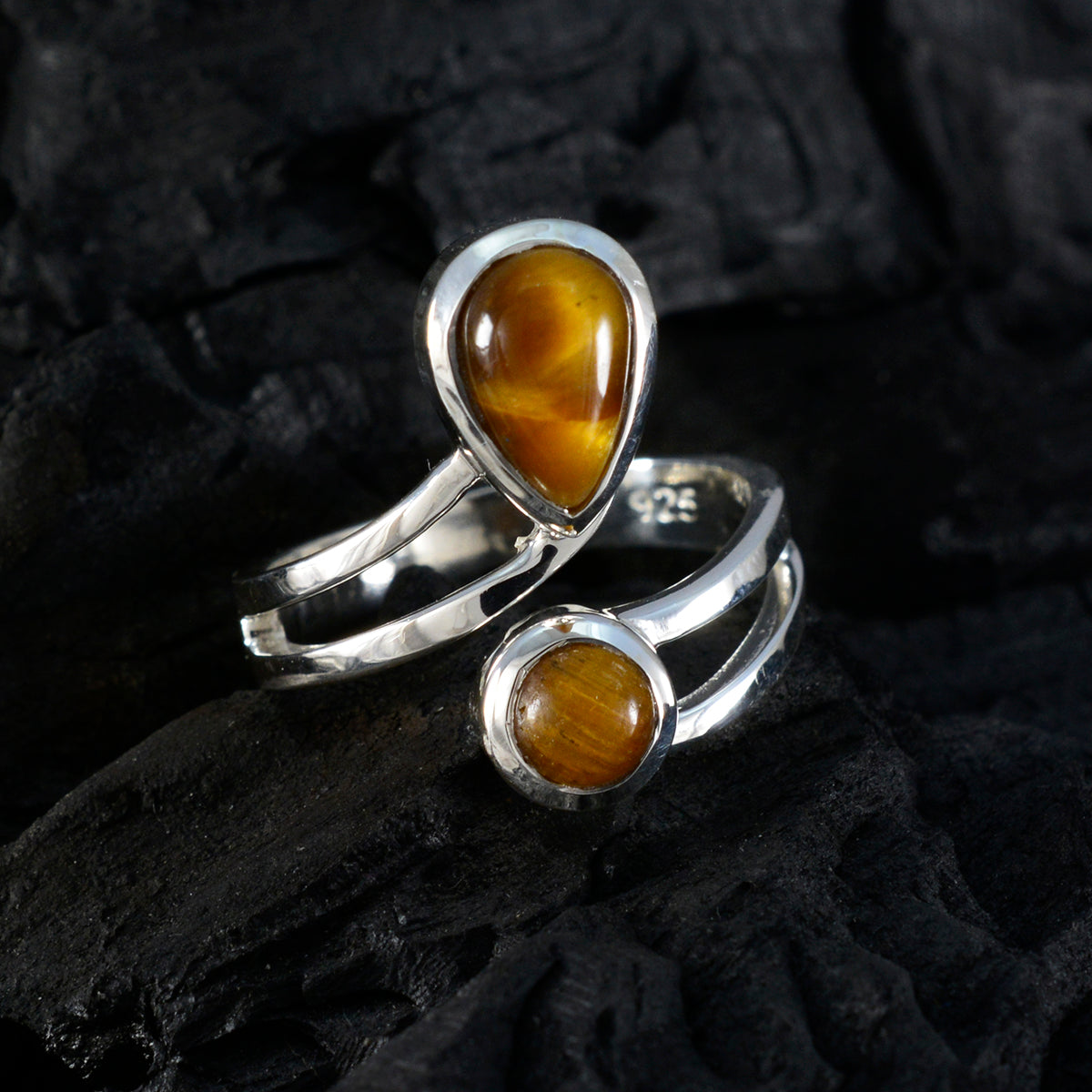 Tiger Eye Toi et Moi Indian 925 Silver Brown Gemstones Tiny Luxurious Ring Jewelry