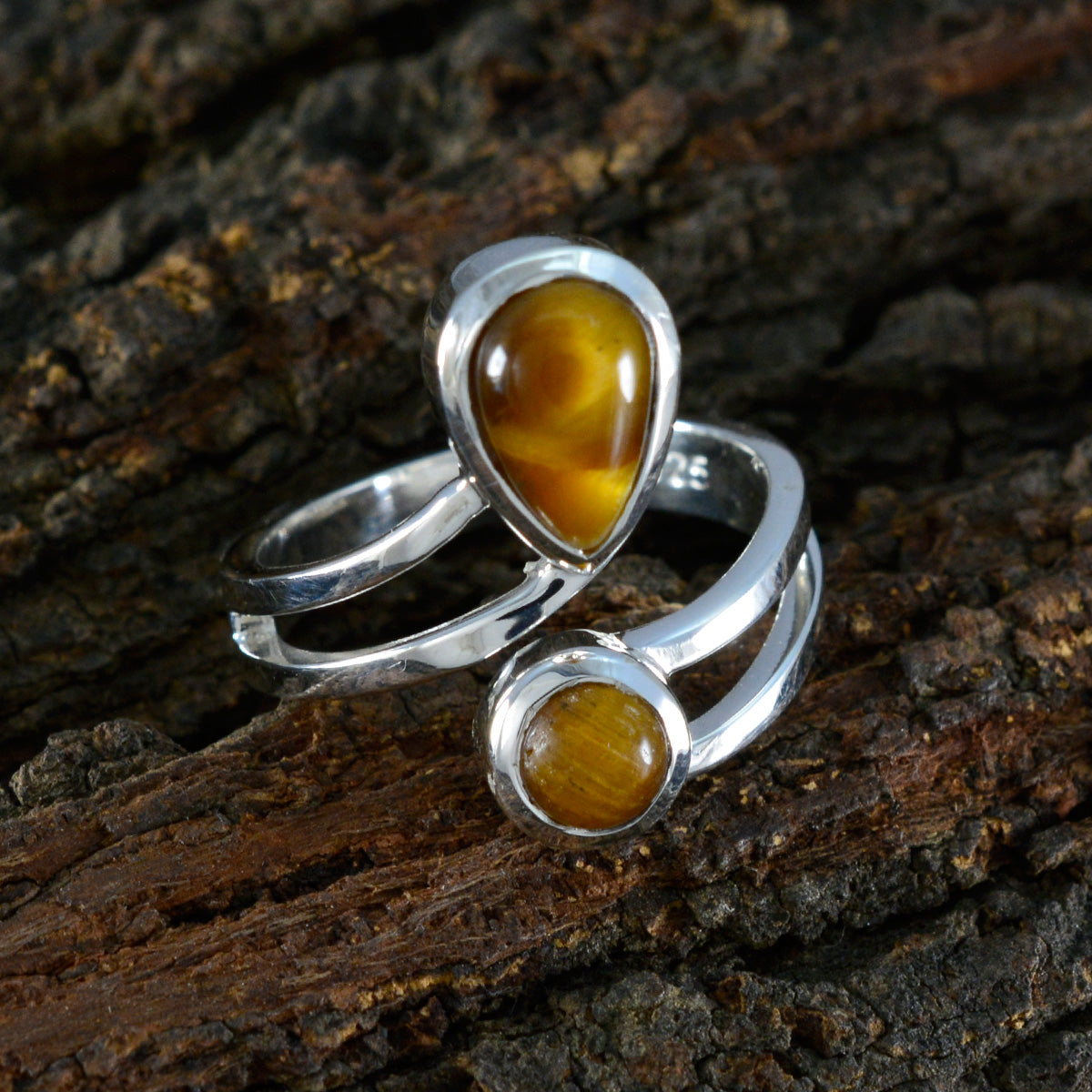 Tiger Eye Toi et Moi Indian 925 Silver Brown Gemstones Tiny Luxurious Ring Jewelry