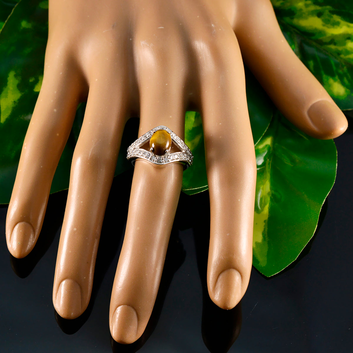 Tiger Eye Halo Egyptian 925 Silver Brown Gems Tiny Cultural Ring Jewelry