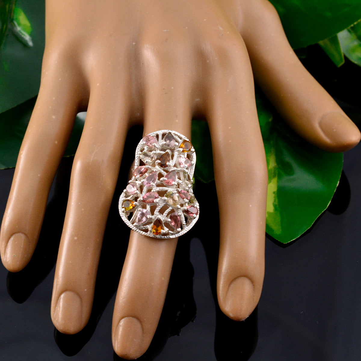 Tourmaline multiple Italian 925 Sterling Silver multicolor Gemstones Statement Ethnic Ring Jewellery