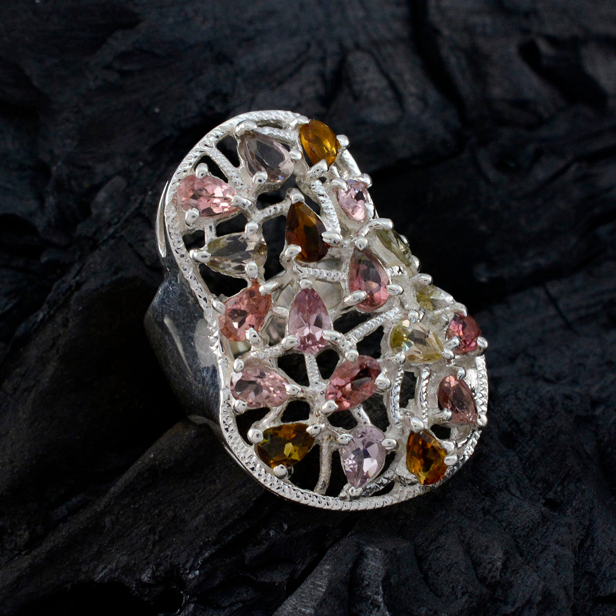 Tourmaline multiple Italian 925 Sterling Silver multicolor Gemstones Statement Ethnic Ring Jewellery