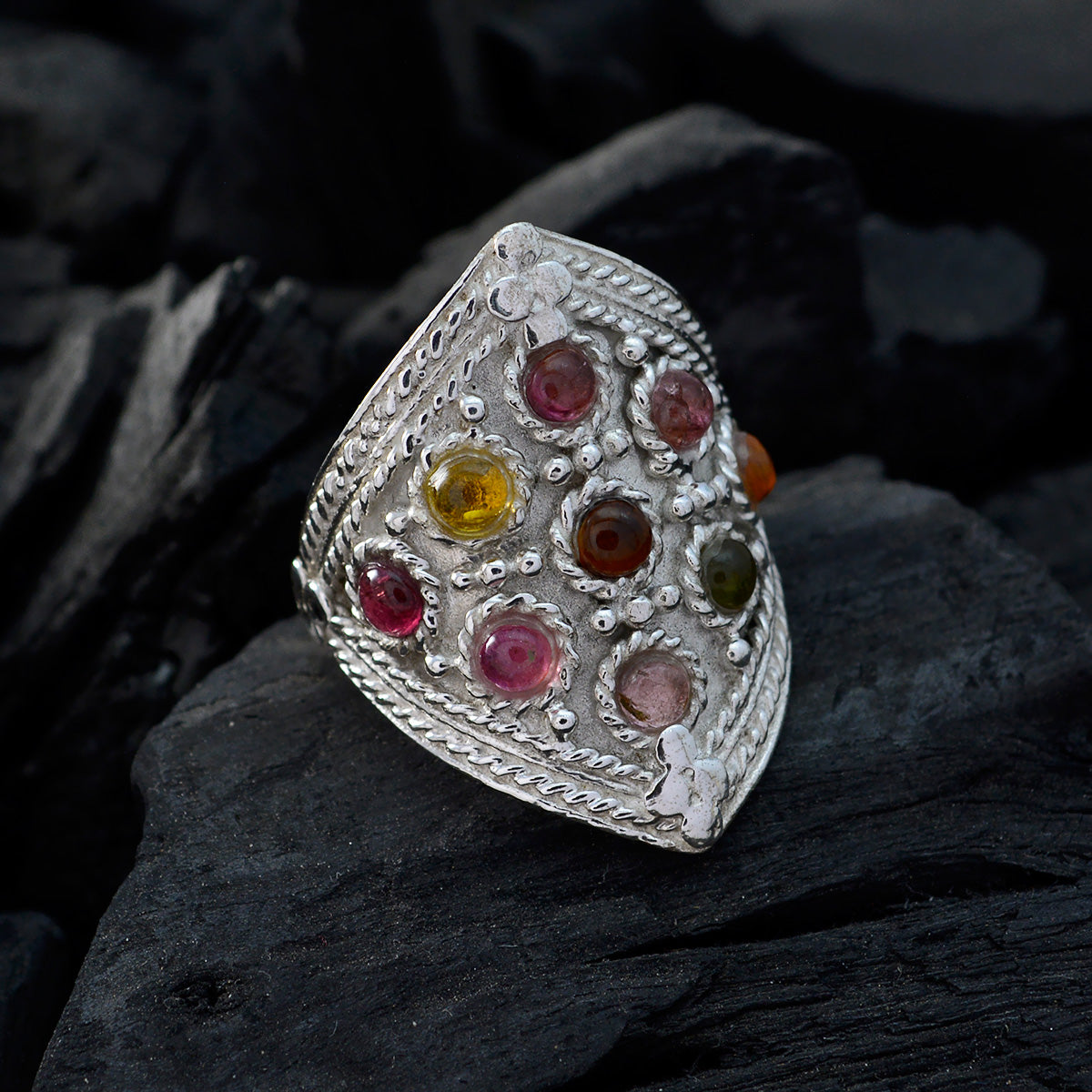 Tourmaline multiple Indian Silver multicolor Gemstone Edgy Heritage Ring Jewellery