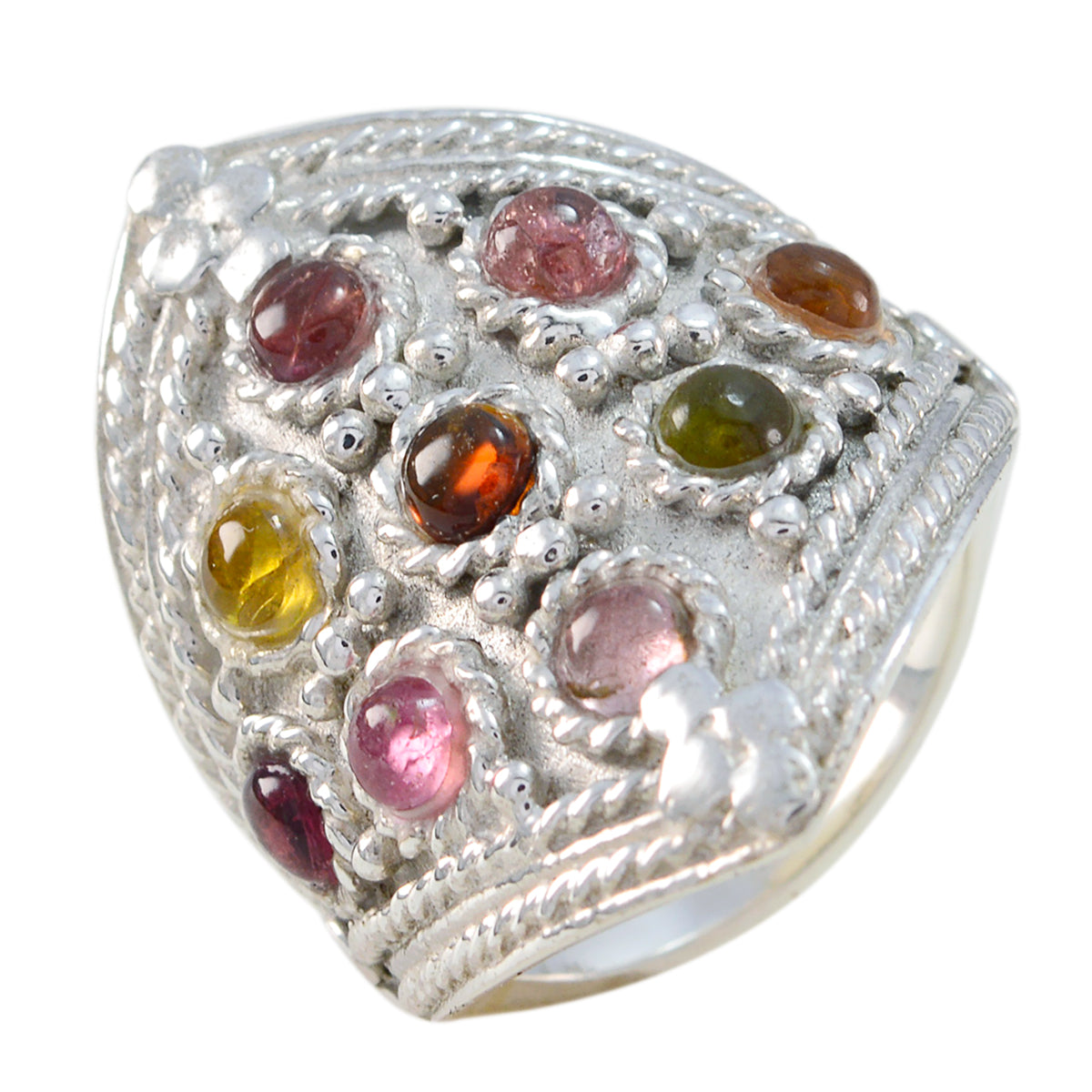Tourmaline multiple Indian Silver multicolor Gemstone Edgy Heritage Ring Jewellery メイン画像