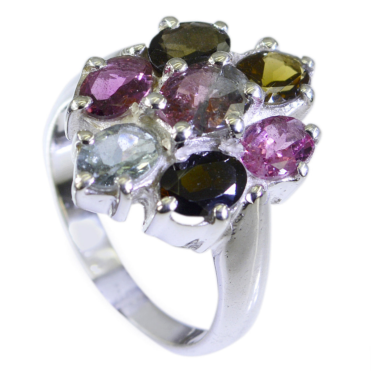 Tourmaline Hepta Moroccan Sterling Silver multicolor Gemstone Mid weight Floral Ring Jewelry メイン画像