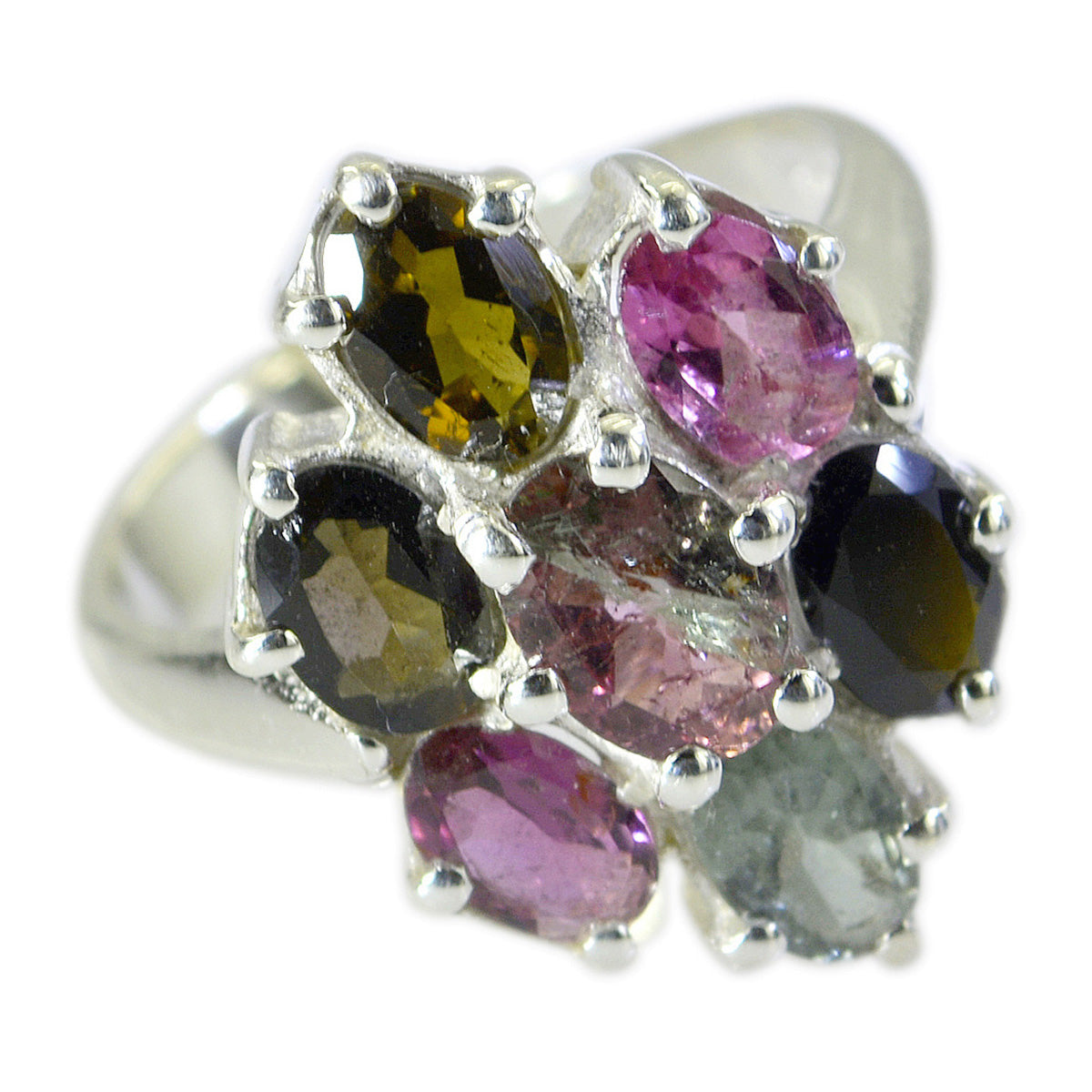 Tourmaline Hepta Moroccan Sterling Silver multicolor Gemstone Mid weight Floral Ring Jewelry