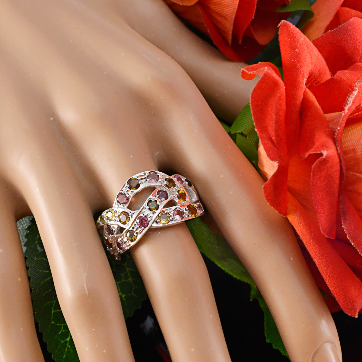 Tourmaline multiple African 925 Silver multicolor Gemstones Minimal Feminine Ring Jewellery