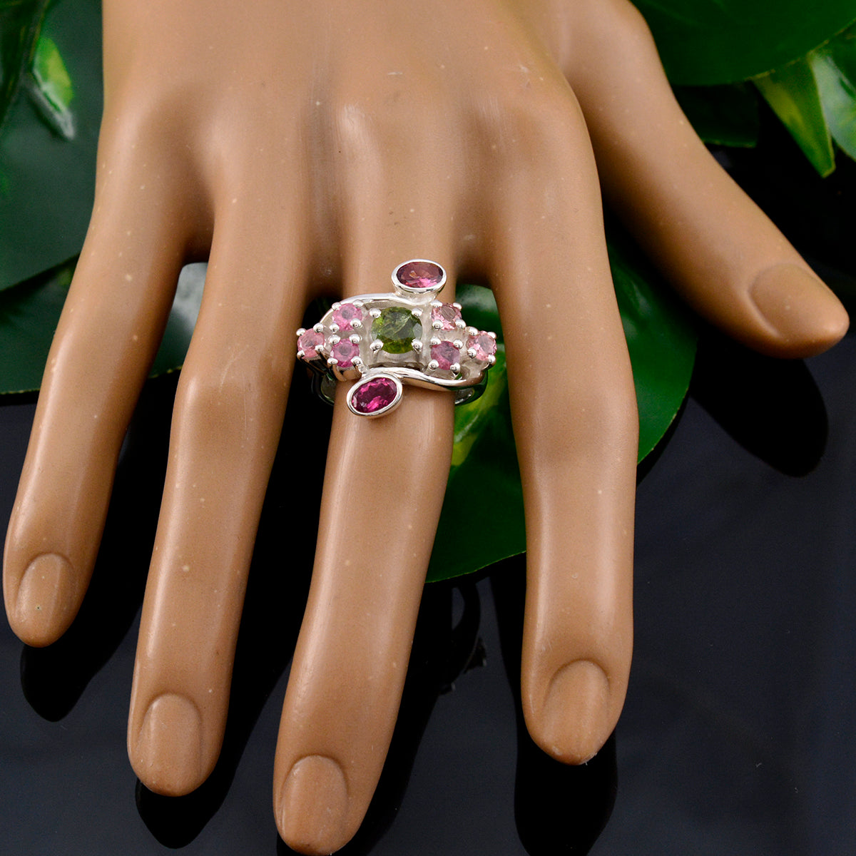 Tourmaline Navratna German 925 Silver multicolor Gems Edgy Contemporary Ring Jewellery