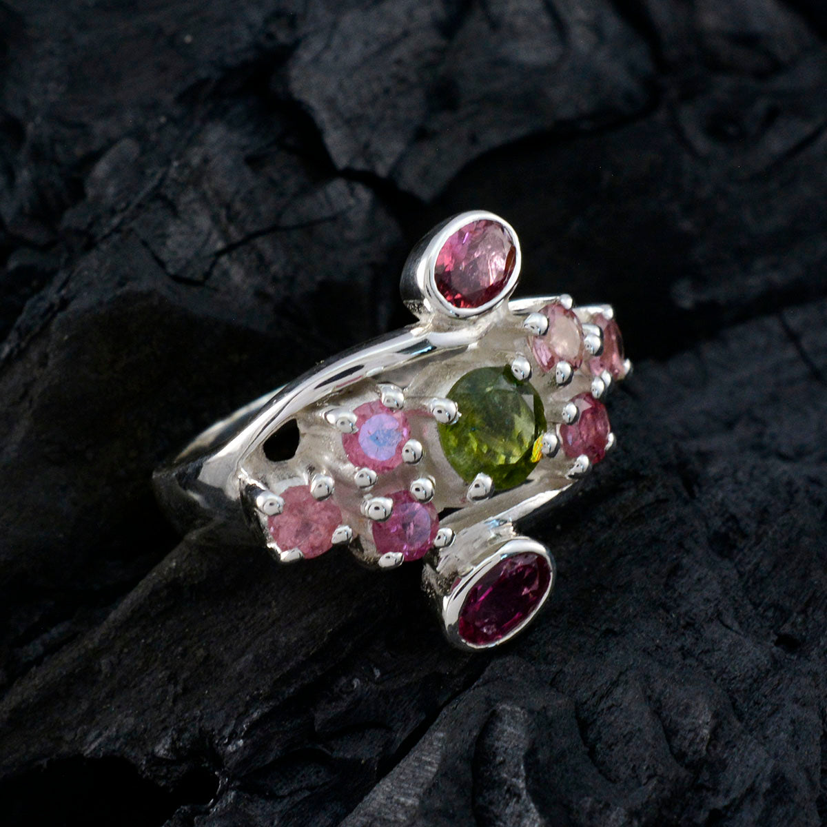 Tourmaline Navratna German 925 Silver multicolor Gems Edgy Contemporary Ring Jewellery