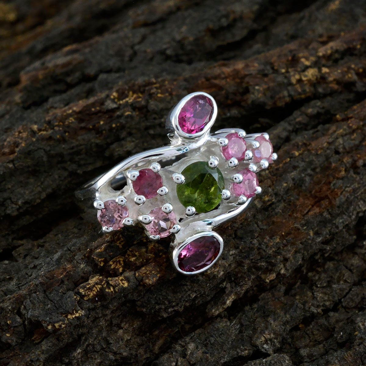 Tourmaline Navratna German 925 Silver multicolor Gems Edgy Contemporary Ring Jewellery